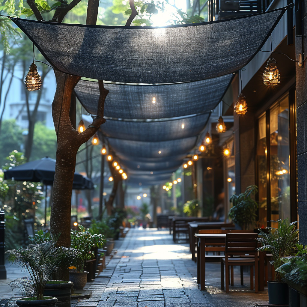 Langer weg mit Sonnensegeln darüber gespannt