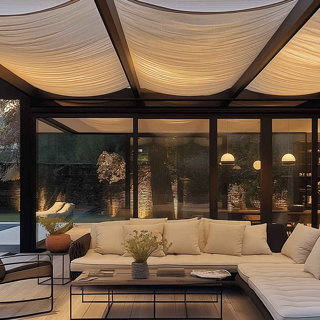 Terrasse mit Sitzmöbeln und einer Seispannmarkiese darüber