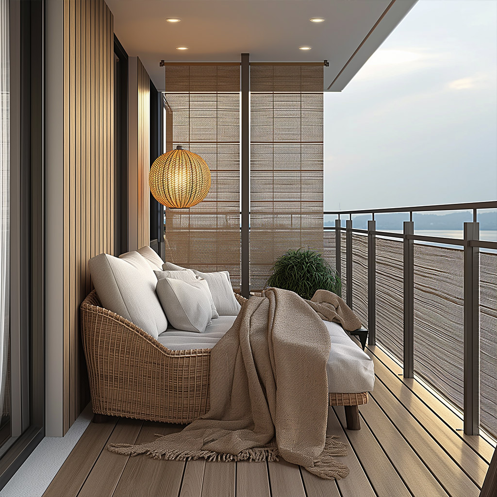 Balkon mit gemütlich Sitzgruppe. Der balkon ist mit einem Sichtschutz versehen