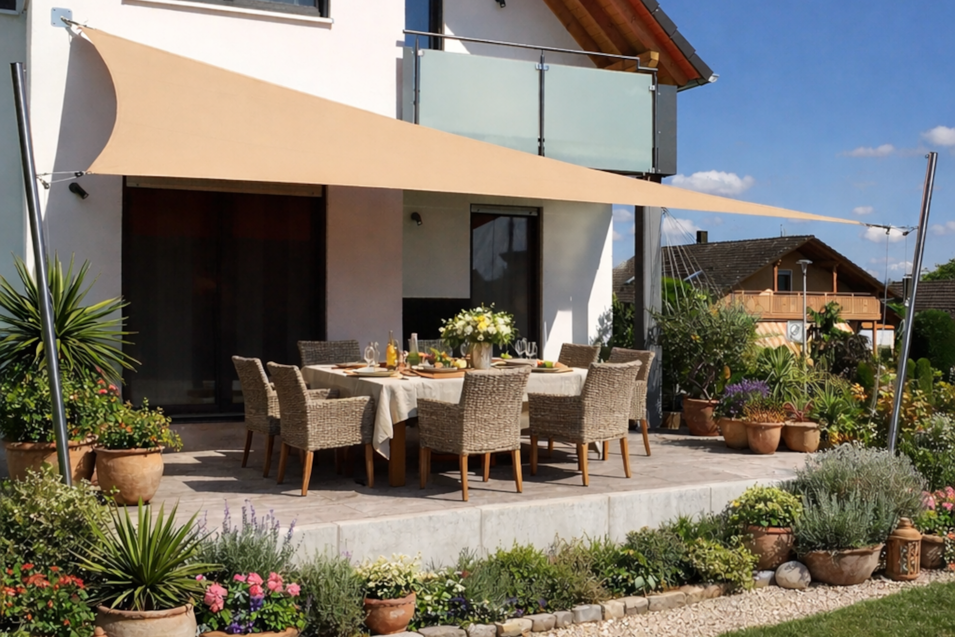 Ein Sonnensegel überdeckt eine Terasse und hüllt sie in ein angenehmes Licht