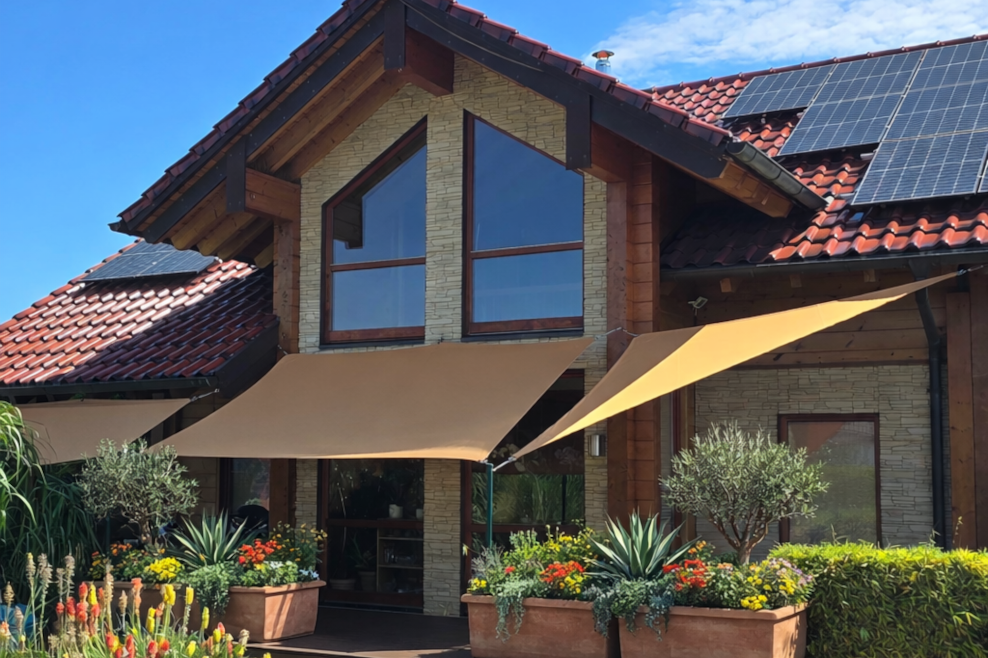 Ein Sonnensegel überdeckt eine Terasse und hüllt sie in ein angenehmes Licht