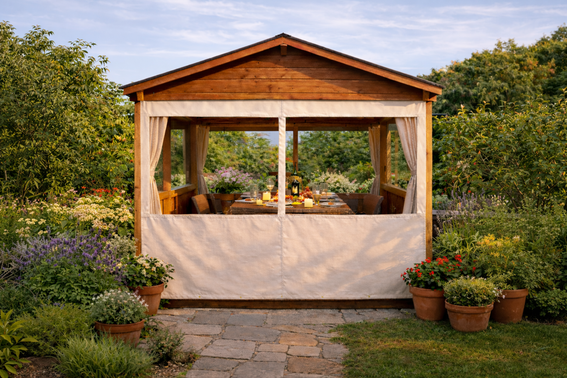 Ein Sonnensegel überdeckt eine Terasse und hüllt sie in ein angenehmes Licht